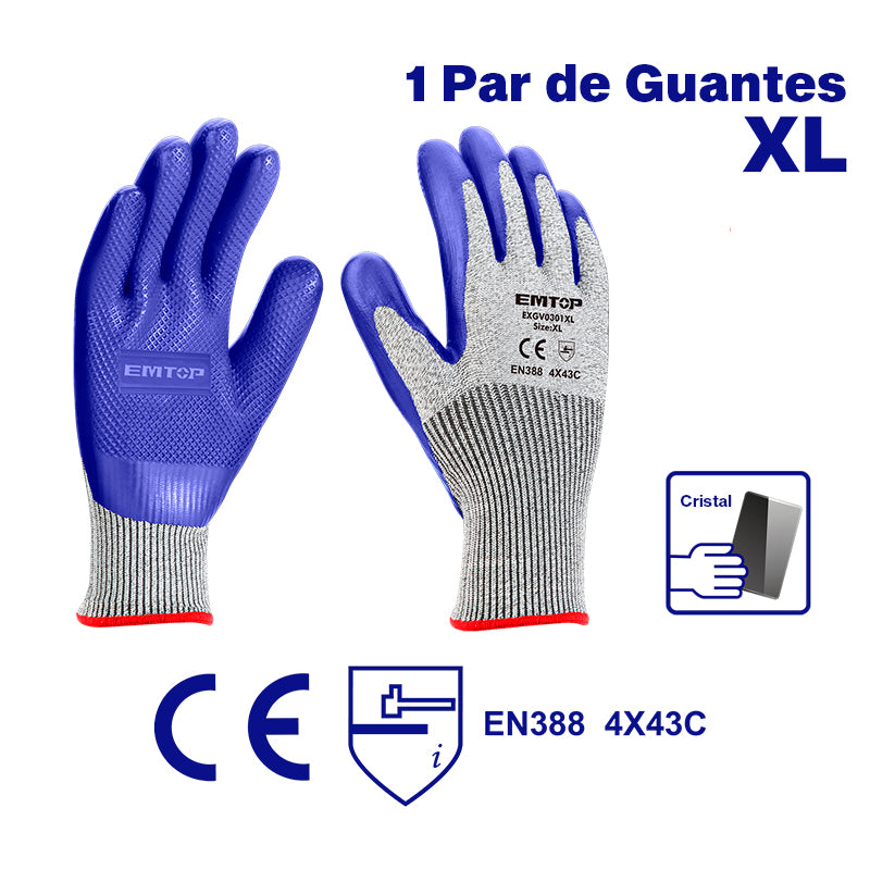 GUANTES ANTI CORTE DE NIVEL 5 PALMA RECUBIERTA DE LATEX TALLA XL. EMTOP, EXGV0301XL