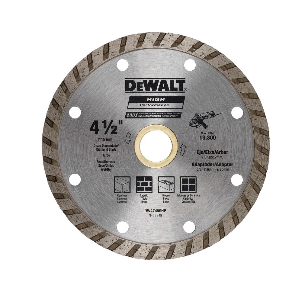 DISCO DE DIAMANTE, 4-1/2 PULG, CORTES EN SECO, BORDE RANURADO, ARANDELA DE AJUSTE DE 7/8 Y 5/8 PULG. MARCA DEWALT, DW47450HP