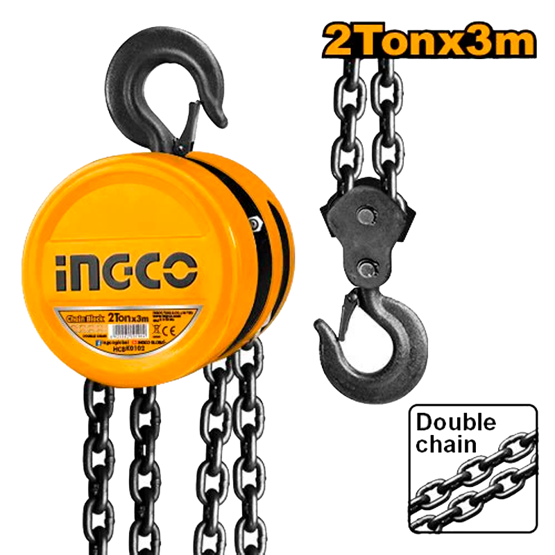 Polipasto de 2 toneladas con 3 metros de cadena, en marca INGCO, HCBK0102