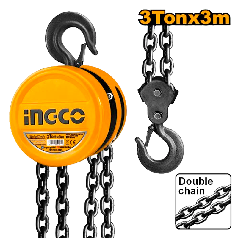 Polipasto de 3 toneladas con 3 metros de cadena, en marca INGCO, HCBK0103