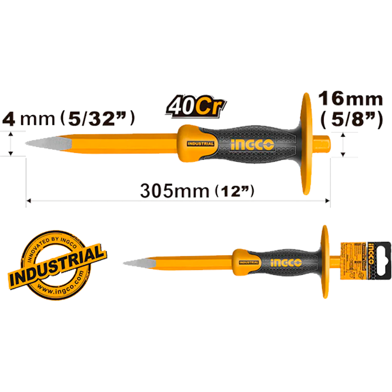 Cincel manual de punta con mango ergonómico, en marca INGCO, HCC850416