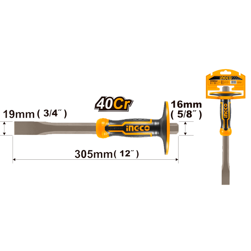 Cincel manual plano de 19MM con mango ergonomico, en marca INGCO, HCCL851916