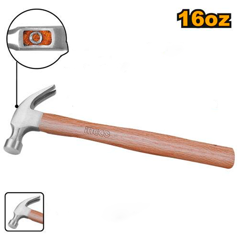 Martillo de 16onz mango de madera, en marca INGCO, HCH0416