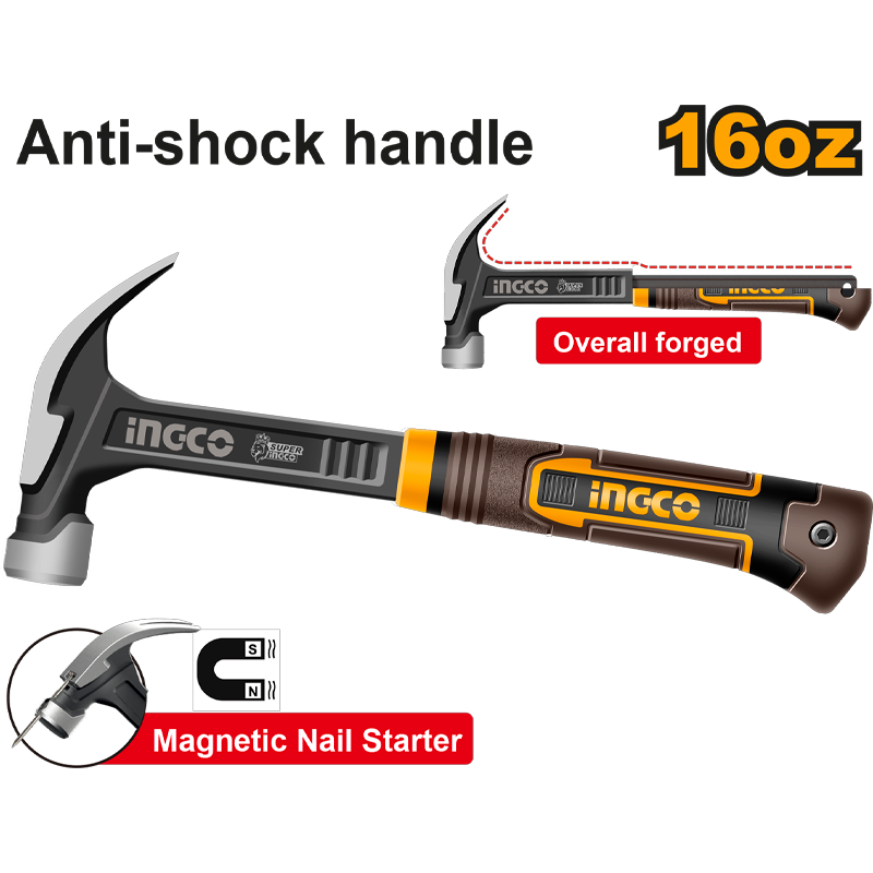 Martillo con imán en la cabeza para sujertar clavos de 16onz anti vibratorio con mango de hule, marca INGCO, HCH81016L