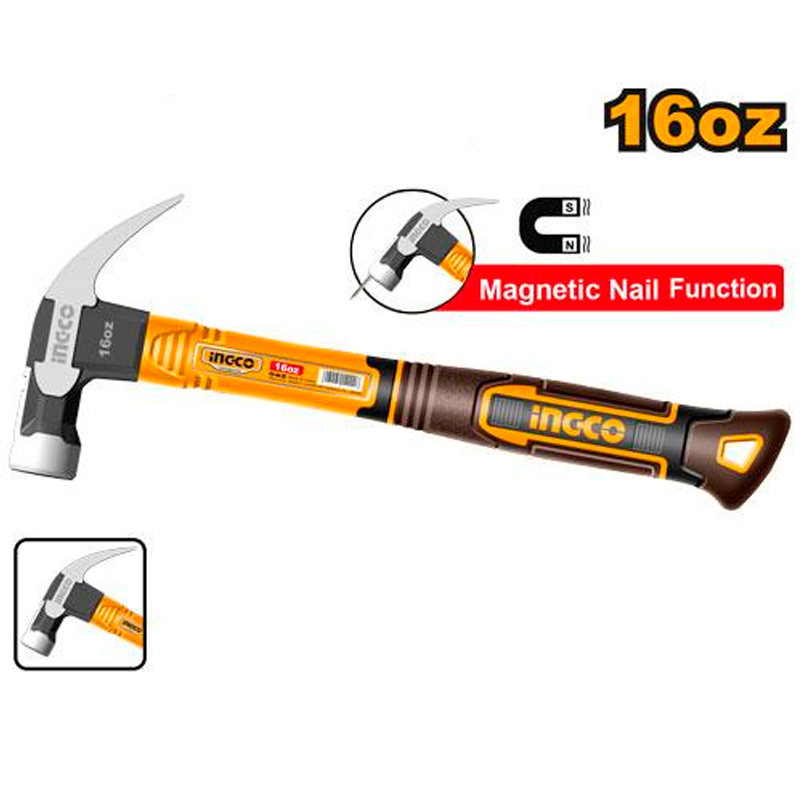 Martillo con imán en la cabeza para sujertar clavo de 16onz reforzado en marca INGCO, HCH81016