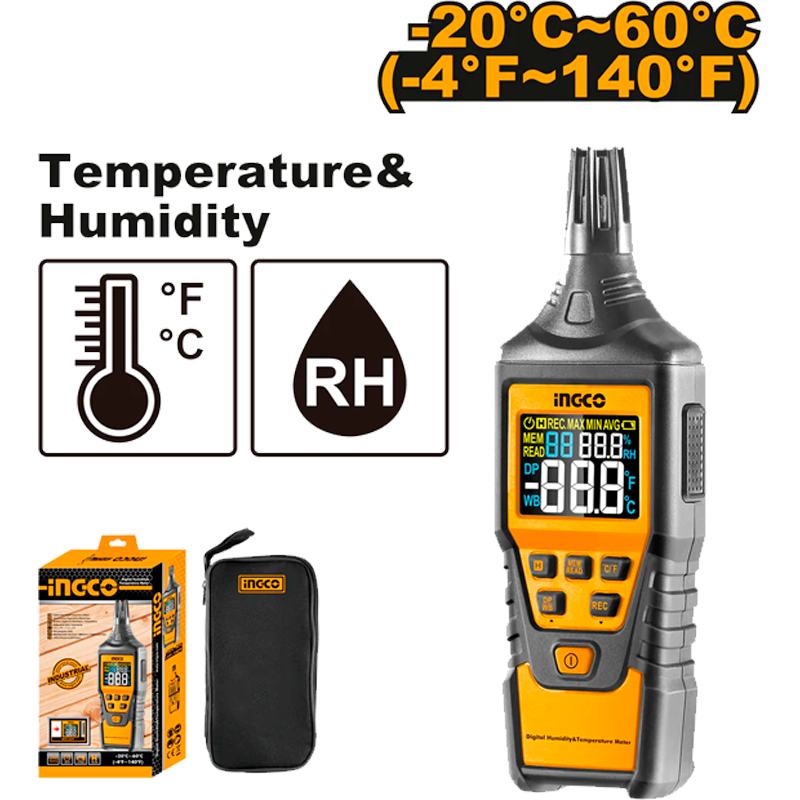 Medidor de temperatura y humedad en marca INGCO, HETHT01
