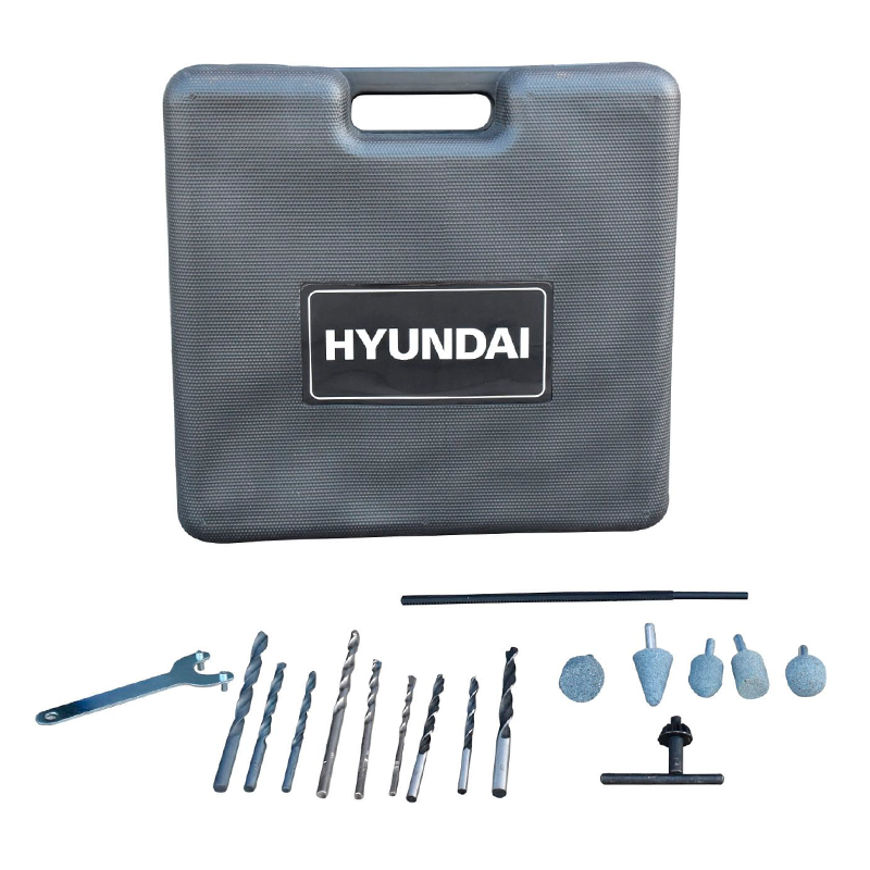 Combo de barreno percutor de 1/2" y esmeriladora 4 1/2" con accesorios y caja plastica, en marca HYUNDAI, HYK5000