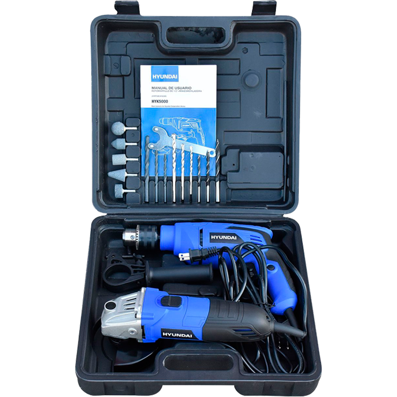 Combo de barreno percutor de 1/2" y esmeriladora 4 1/2" con accesorios y caja plastica, en marca HYUNDAI, HYK5000