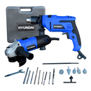 Combo de barreno percutor de 1/2" y esmeriladora 4 1/2" con accesorios y caja plastica, en marca HYUNDAI, HYK5000