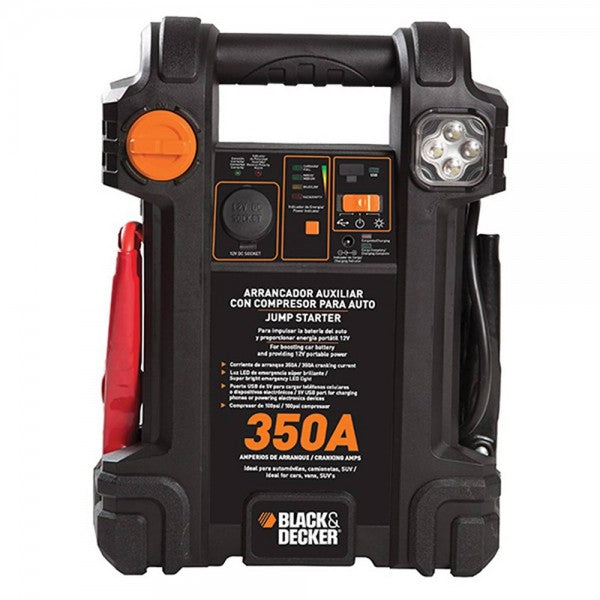 ARRANCADOR DE VEHICULOS DE 13.5 V, 350 AMP, P/BATERIAS DE 12V, 7Ah, CON INFLADOR DE LLANTAS. BLACK AND DECKER