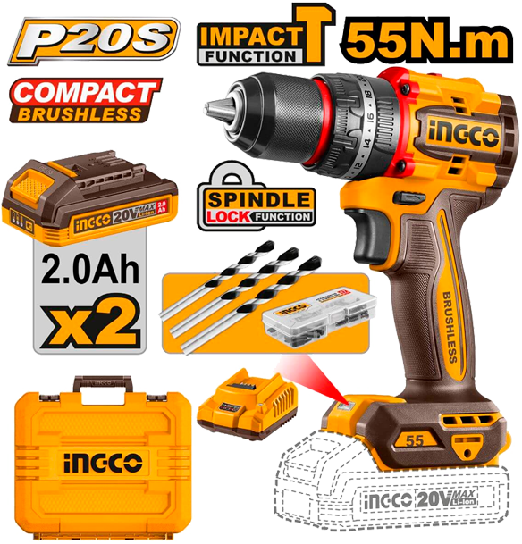 Barreno percutor inalámbrico, 20 voltios, Ingco, UCIDLI20558