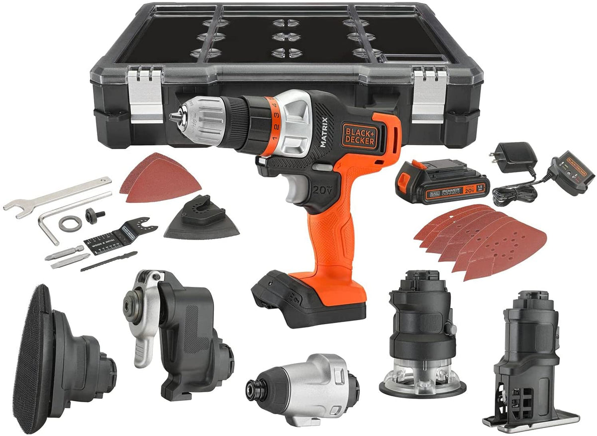 BARRENO ATORNILLADOR ,MATRIX, INALAMBRICO, 20 VOLTIOS, CON 6 CABEZAS INTERCAMBIABLES. MARCA BLACK AND DECKER, MTX20K6A-B3