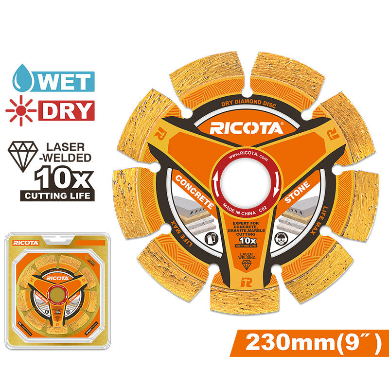 DISCO DIAMANTADO SEGMENTADO 9 PLG. EJE 7/8 PLG. PARA CONCRETO. CORTE EN SECO Y HUMEDO. RICOTA, RADDC12301