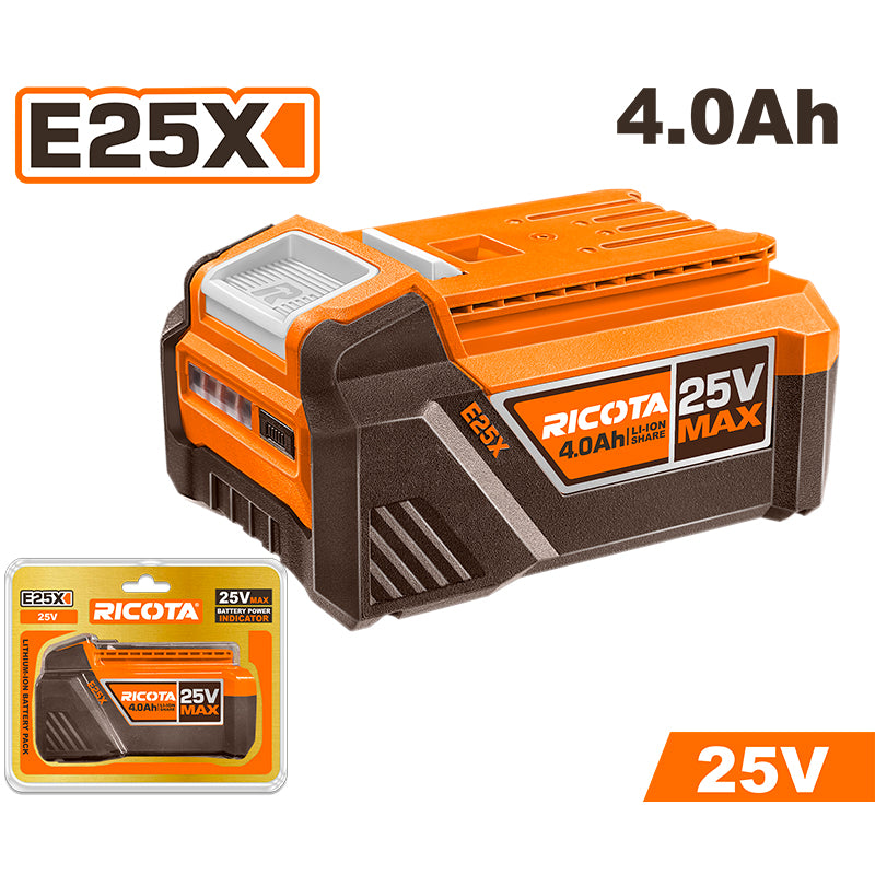 BATERIA DE LITIO 25V, 4 AH, INDICADOR LED DE CARGA, COMPATIBLE CON HERRAMIENTAS E25X, RICOTA, RLBP25401