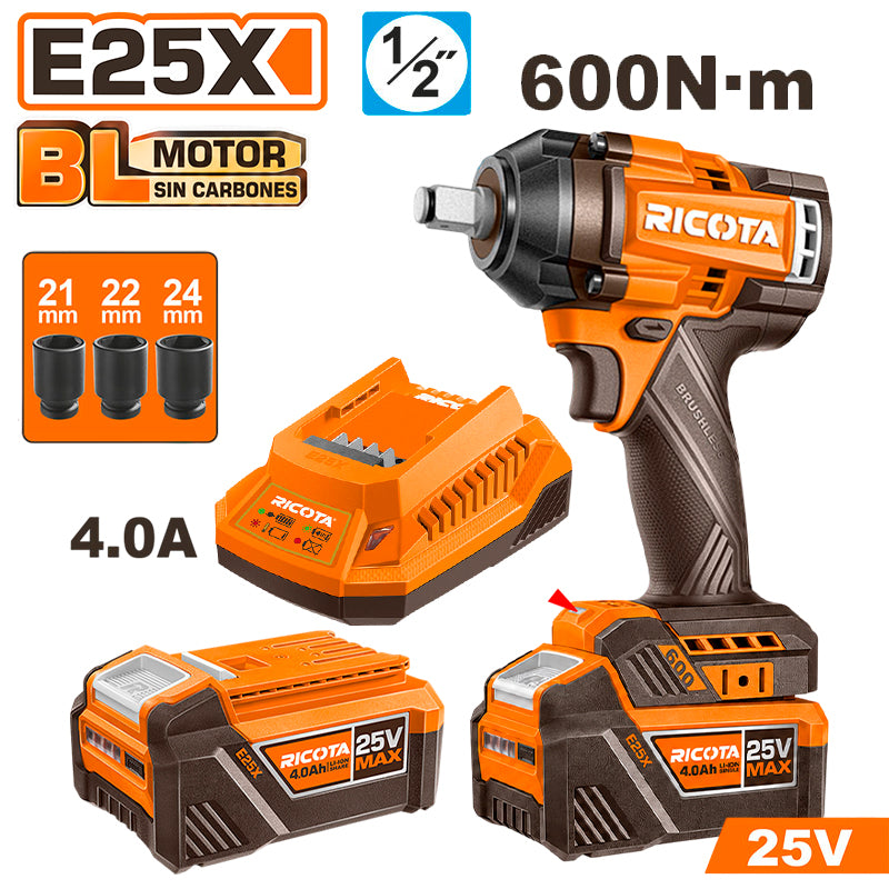 LLAVE DE IMPACTO INALAMBRICA BRUSHLESS 25V, EJE 1/2 PLG, TORQUE 600 NM, CON 2 BATERIAS Y CARGADOR. RICOTA, RLEWH256001-2BC
