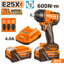 LLAVE DE IMPACTO INALAMBRICA BRUSHLESS 25V, EJE 1/2 PLG, TORQUE 600 NM, CON 2 BATERIAS Y CARGADOR. RICOTA.