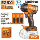 LLAVE DE IMPACTO INALAMBRICA BRUSHLESS 25V, EJE 1/2 Plgs, TORQUE 600 NM, SIN BATERIA NI CARGADOR, BARE TOOL, RICOTA.