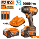 LLAVE DE IMPACTO INALAMBRICA BRUSHLESS 25V, EJE 1/2 Plgs, TORQUE 900 NM, CON 2 BATERIAS Y CARGADOR. RICOTA.