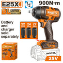 LLAVE DE IMPACTO INALAMBRICA BRUSHLESS 25V, EJE 1/2 Plgs, TORQUE 900 NM, SIN BATERIA NI CARGADOR, BARE TOOL, RICOTA.