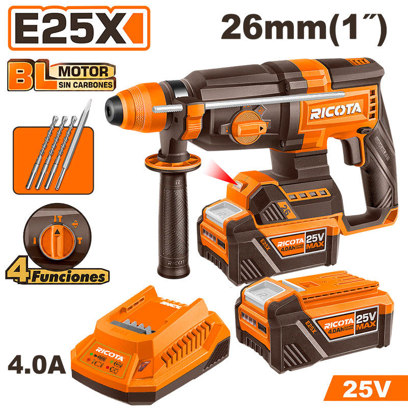 ROTOMARTILLO SDS PLUS INALAMBRICO BRUSHLESS 25V, 2.5 J, CAP. MAX. 1 PLG, CON 2 BATERIAS Y CARGADOR. RICOTA, RLLRH25261-2BC