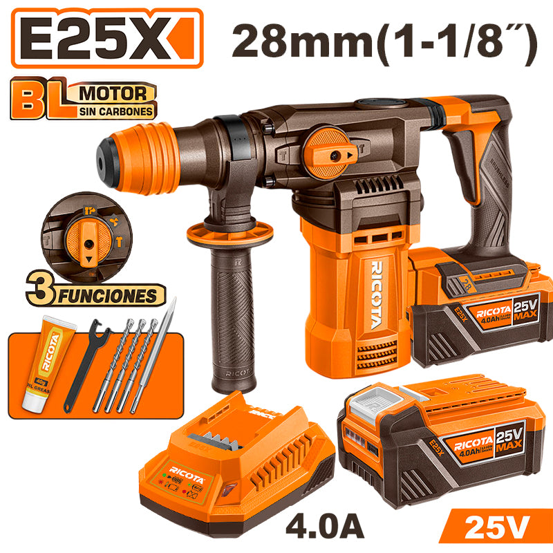 ROTOMARTILLO SDS PLUS INALAMBRICO BRUSHLESS 25V, 4.5 J, CAP. MAX. 1-1/8 PLG, CON 2 BATERIAS Y CARGADOR. RICOTA, RLLRH25281-2BC