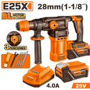 ROTOMARTILLO SDS PLUS INALAMBRICO BRUSHLESS 25V, 4.5 J, CAP. MAX. 1-1/8 PLG, CON 2 BATERIAS Y CARGADOR. RICOTA.