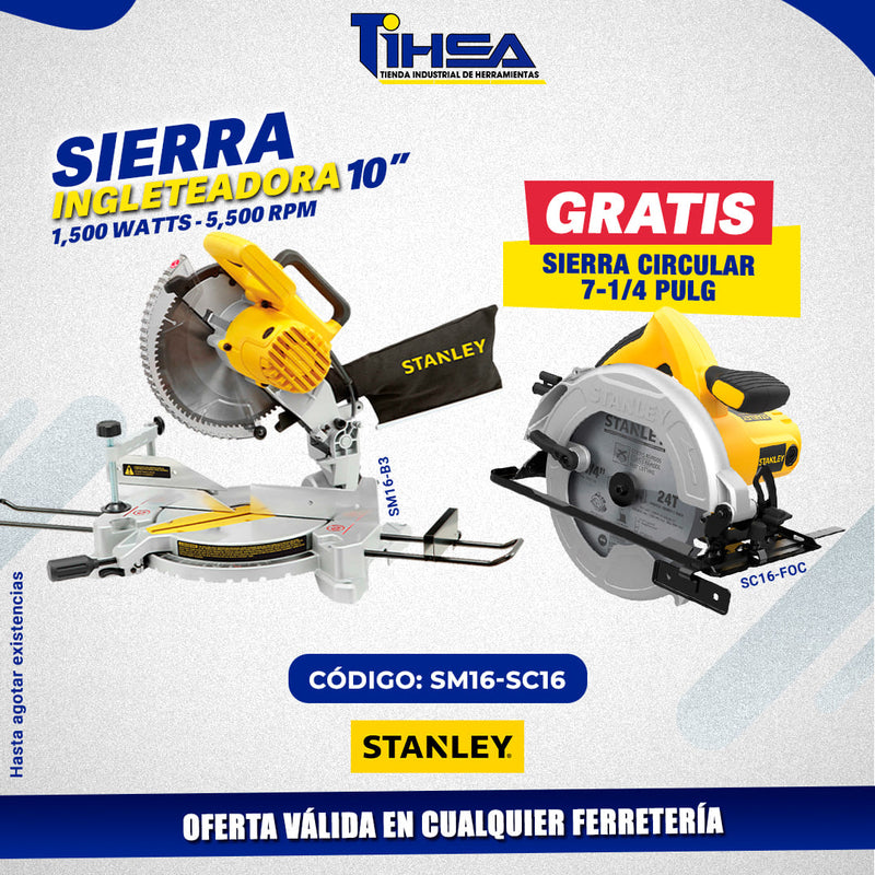 SIERRA INGLETEADORA DE 10 PULG, 1,500 WATTS, 5,500 RPM, GRATIS SIERRA CIRCULAR SC16-B3. MARCA STANLEY