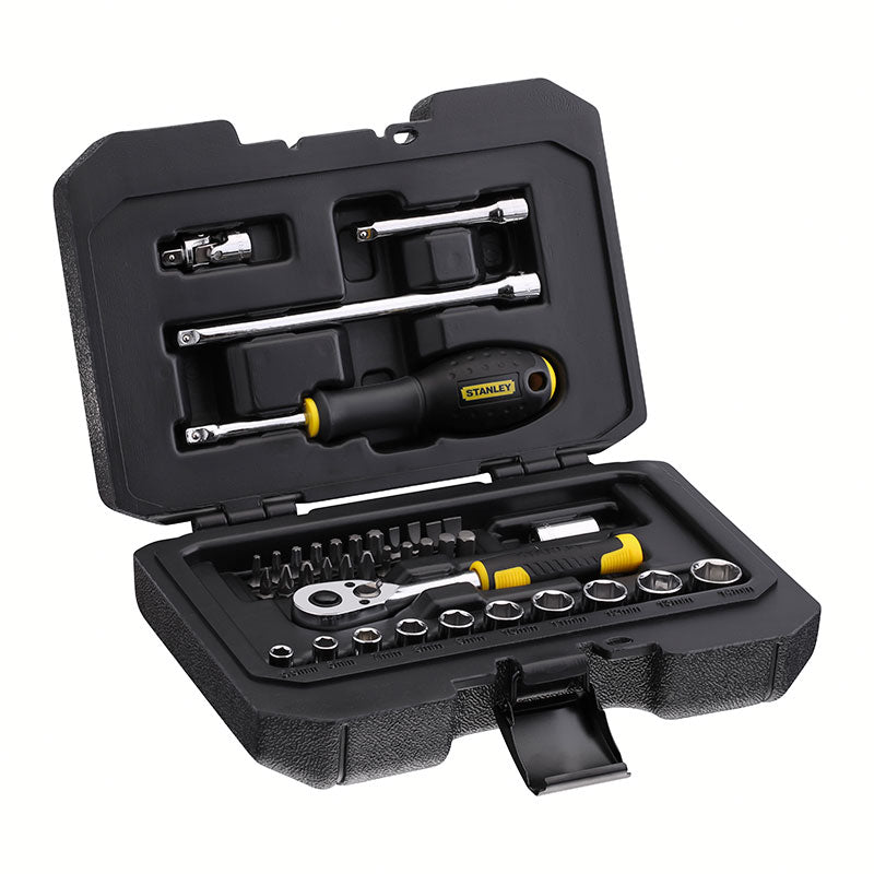 JUEGO DE 38 PIEZAS, RAIZ DE 1/4 PULGADA, COPAS 6 PUNTOS, MILIMETRICAS CON MALETA PLASTICA. STANLEY, STMT82828-LA