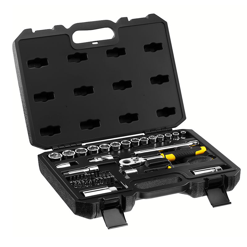 JUEGO DE 45 PIEZAS, RAIZ DE 3/8 PULGADA, COPAS 6 PUNTOS, MILIMETRICAS CON MALETA PLASTICA. STANLEY, STMT82829-LA