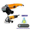 Combo esmeriladora de 9 plgs con esmeriladora de 4 1/2 plgs, con discos y chaleco, Ingco