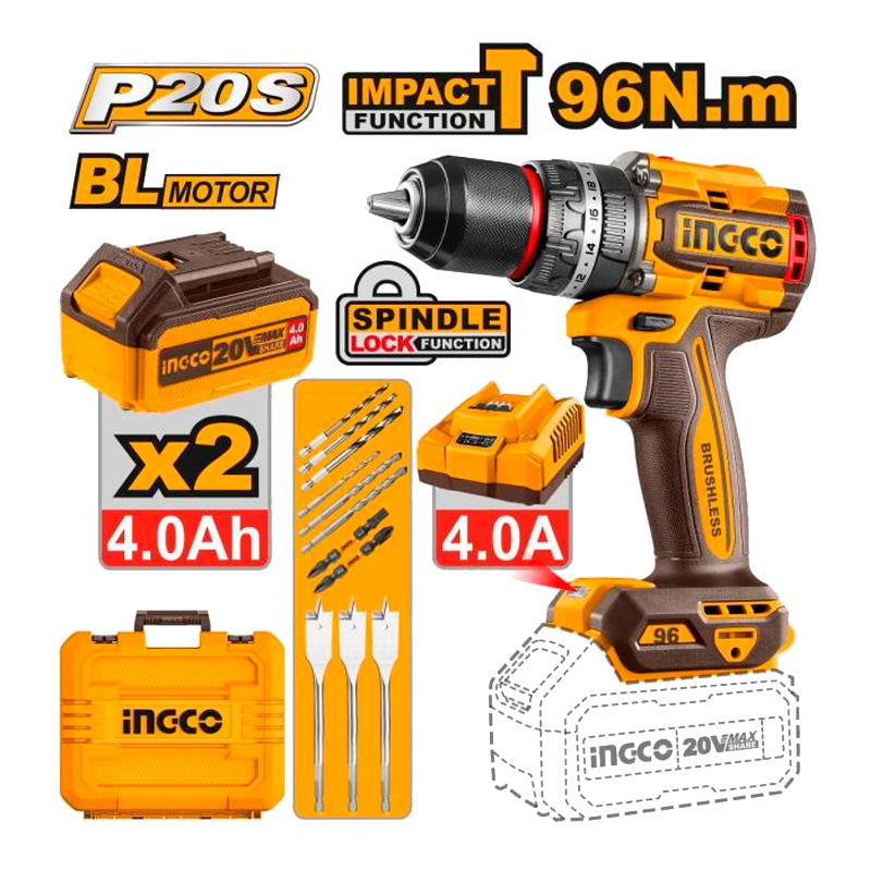 Barreno percutor inalámbrico, 20 voltios, Ingco, UCIDLI20968