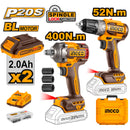 Combo de barreno de rotación de 3/8 plg y llave de impacto de 1/2 plg inalámbricos, Ingco, UCKLI20271,