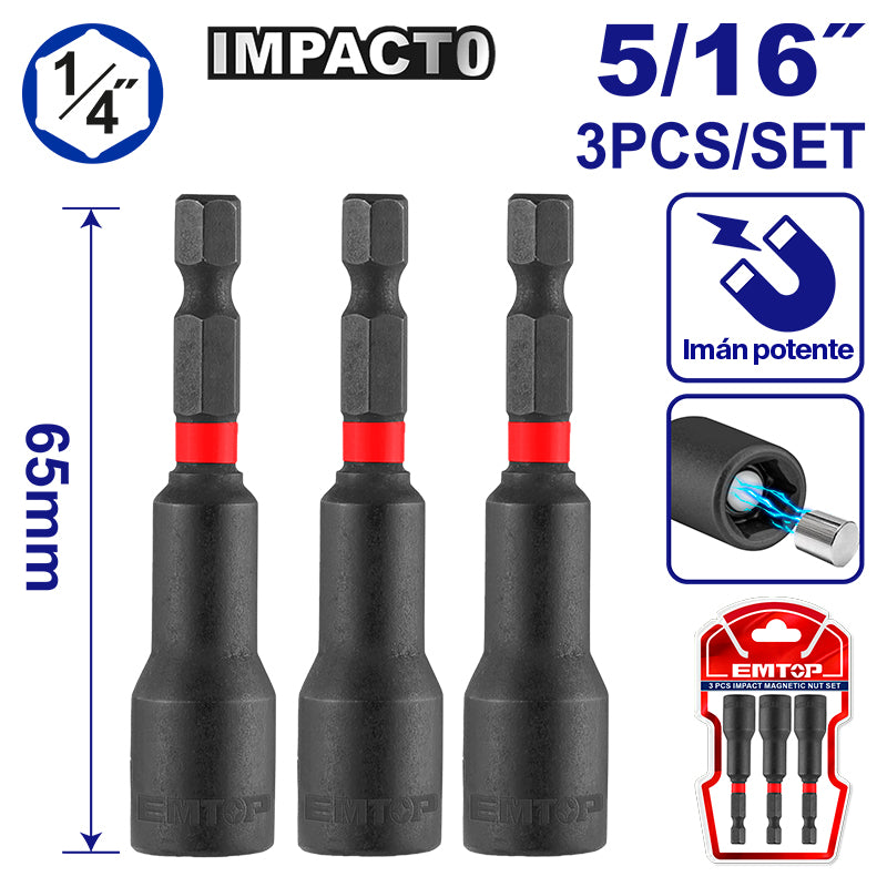 JUEGO DE 3 SUJETADORES MAGNETICOS DE IMPACTO, TUERCA DE 5/16, LARGO, 2 9/16 PULG. VASTAGO 1/4 PULG. EMTOP, UEMNS0831