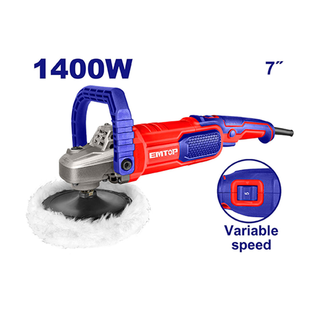 PULIDORA LUSTRADORA DE 7 PULGADAS, 1400 WATTS, VELOCIDAD VARIABLE 1500 A 3600 RPM. MARCA EMTOP, ULAPR1402