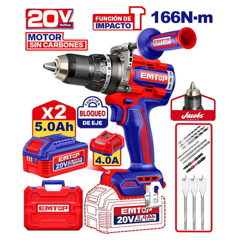 Barreno percutor inalámbrico de 20 voltios, 166 NM, Emtop, ULCIDL201668