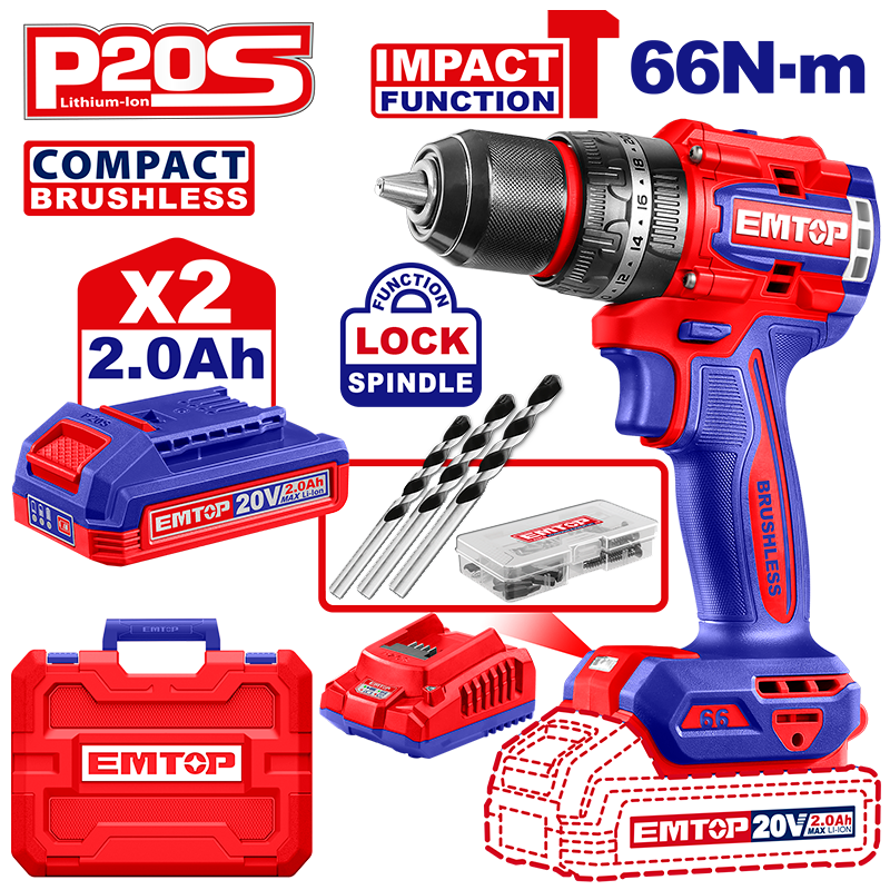 Barreno percutor inalámbrico de 1/2 plg, 20 voltios, sin carbones, Emtop, ULCIDL20668