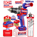 BARRENO PERCUTOR INALAMBRICO 20V, VEL. VARIABLE, BRUSHLESS, MANDRIL METALICO DE 1/2, TORQUE 96NM. EMTOP