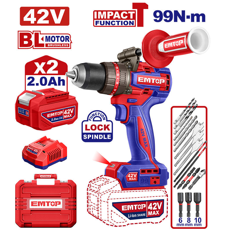 Barreno percutor inalámbrico de 42 voltios, 99 NM, Emtop, ULCIDL429982