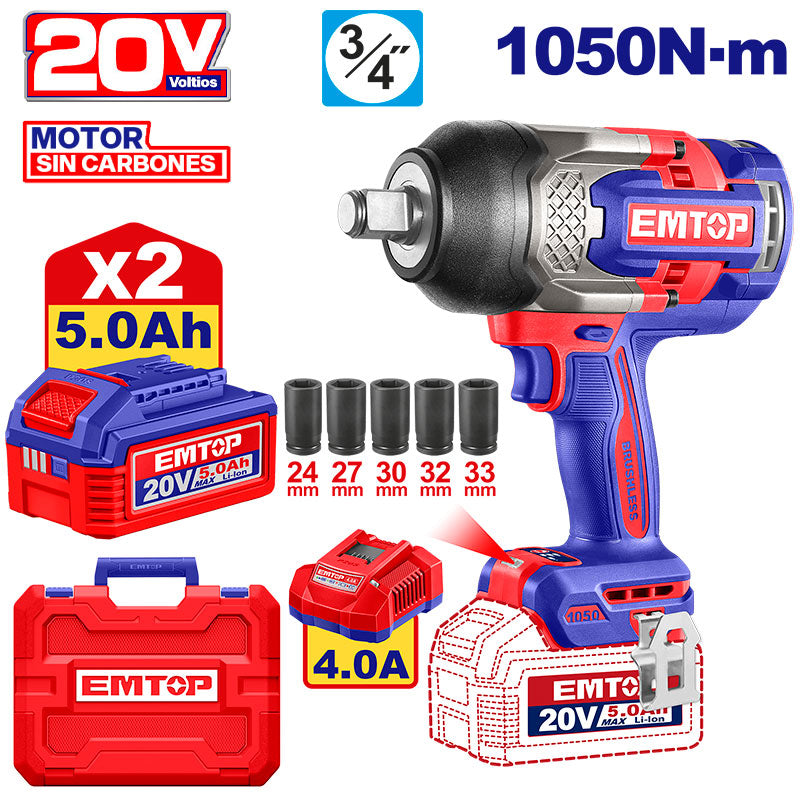 Llave de impacto inalámbrica de 3/4 plgs de 20 voltios, 1050 NM, Emtop, ULCIWL20105