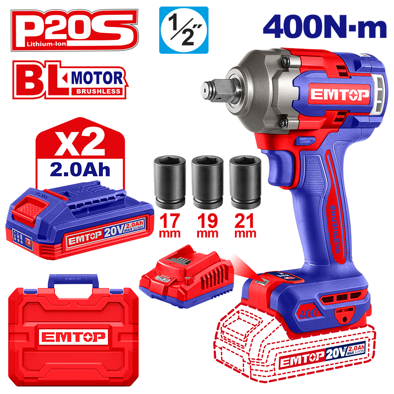 Llave de impacto inalámbrica de 1/2 plg, 400 Nm, Emtop, ULCIWL2040