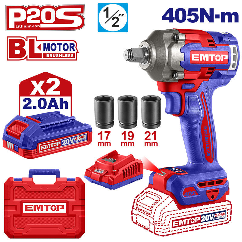 Llave de impacto inalámbrica de 1/2 plgs de 20 voltios, 405 NM, Emtop, ULCIWL2045