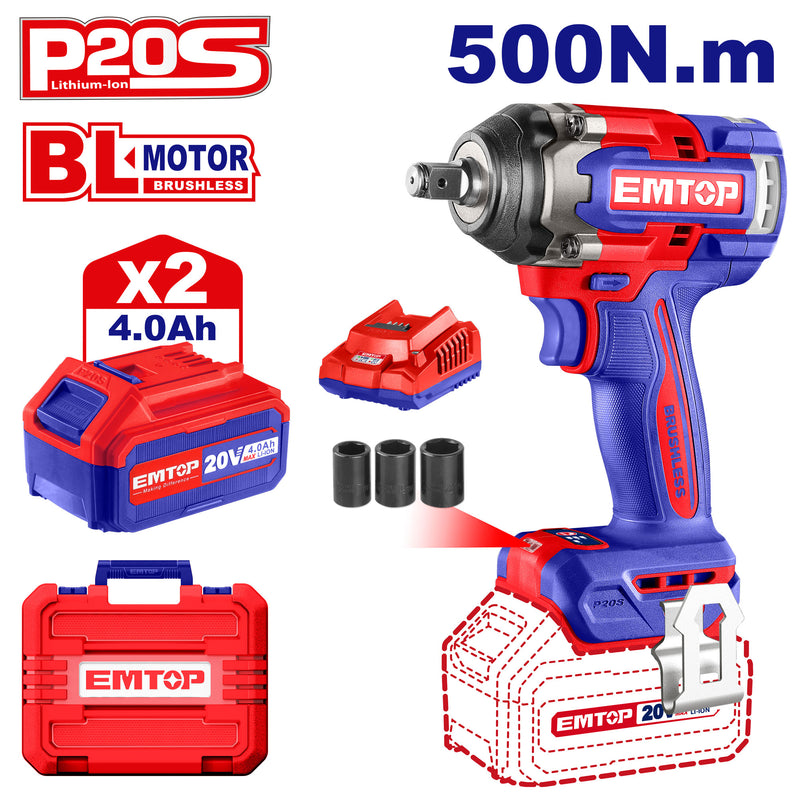 Llave de impacto inalámbrica de 500 Nm, Emtop, ULCIWL2050