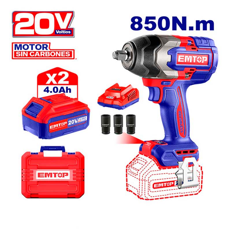Llave de impacto inalámbrica de 1/2 plg, 850 NM, 20 voltios, ULCIWL2085, Emtop