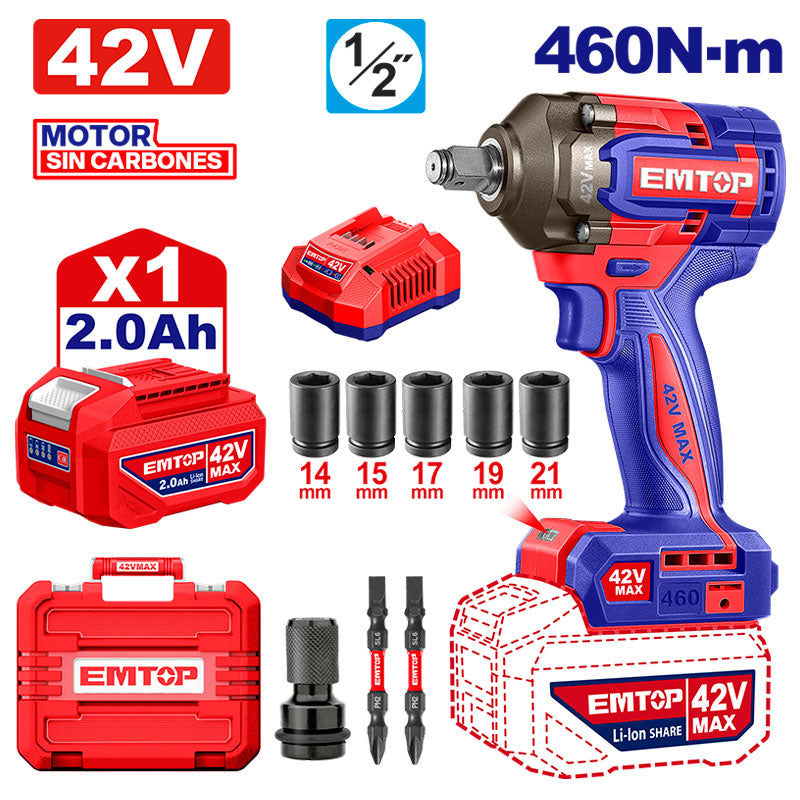 Llave de impacto inalámbrica de 1/2 plgs de 42 voltios, 460 NM, Emtop, ULCIWL42461