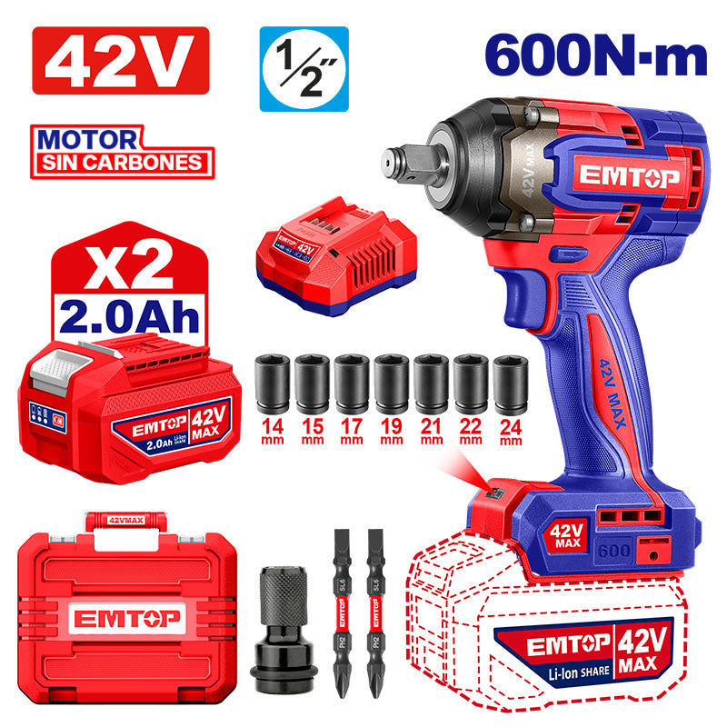 Llave de impacto inalámbrica de 1/2 plgs de 42 voltios, 600 NM, Emtop, ULCIWL42602