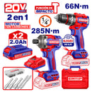 COMBO BARRENO PERCUTOR DE 1/2 Y ATORNILLADOR DE IMPACTO DE 1/4, INALAMBRICOS 20V. BRUSHLESS. EMTOP