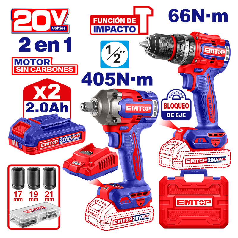 COMBO BARRENO PERCUTOR DE 1/2 Y LLAVE DE IMPACTO DE 1/2, INALAMBRICOS 20V. BRUSHLESS. EMTOP, ULCKL20286
