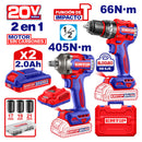 COMBO BARRENO PERCUTOR DE 1/2 Y LLAVE DE IMPACTO DE 1/2, INALAMBRICOS 20V. BRUSHLESS. EMTOP