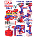 KIT INALAMBRICO 20V, ESMERILADORA 4 1/2, TALADRO 1/2, ROTOMARTILLO SDS PLUS, LLAVE DE IMPACTO 1/2 Y LAMPARA. EMTOP.