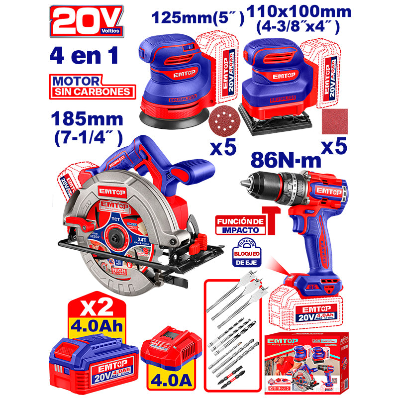Combo de 4 herramientas inalámbricas con baterías y cargador, EMTOP, ULCKL251083